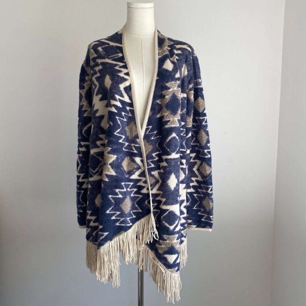 Lucky brand women sweater Blue Cream southwestern Patterned Cardigan med cowboy